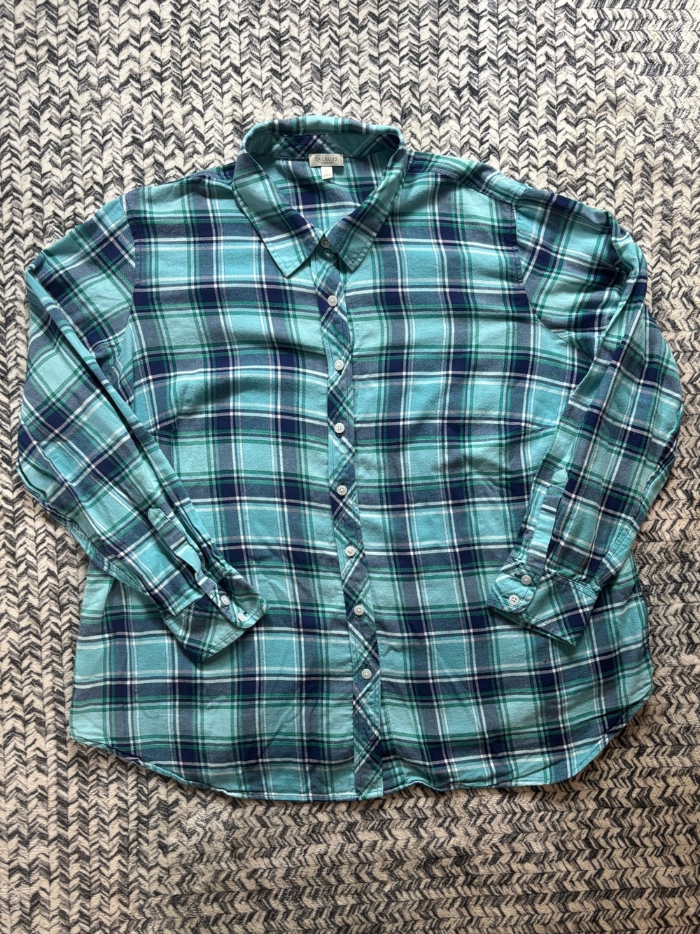 New Cotton Talbots Teal and Navy Plaid Button-Down Shirt Size 2XL